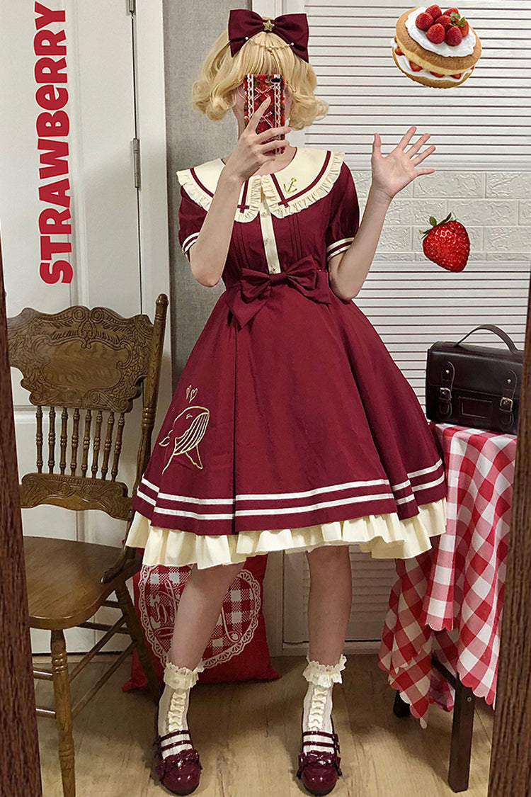One-Piece Lolita Dress - Little Sea Whale Navy Sailor, 3 Colors, Bow Detail, Sweet Style - additional product view 6