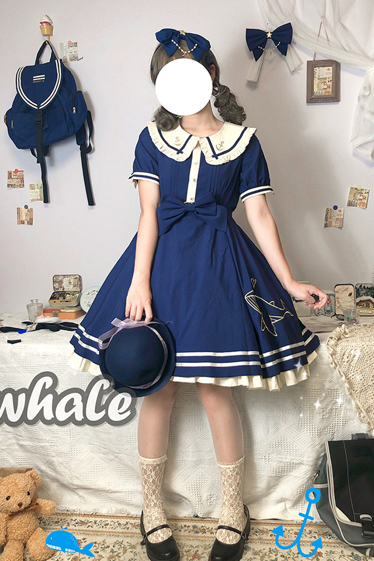 One-Piece Lolita Dress - Little Sea Whale Navy Sailor, 3 Colors, Bow Detail, Sweet Style - additional product view 8