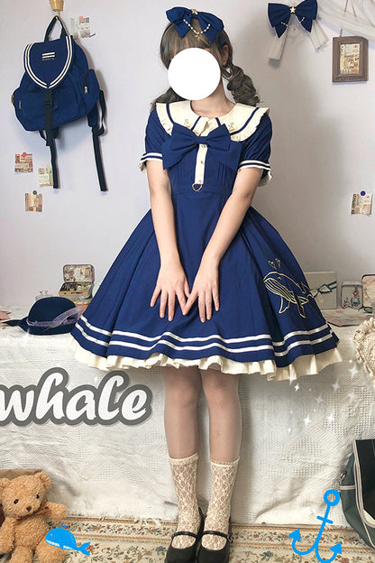 One-Piece Lolita Dress - Little Sea Whale Navy Sailor, 3 Colors, Bow Detail, Sweet Style - additional product view 9