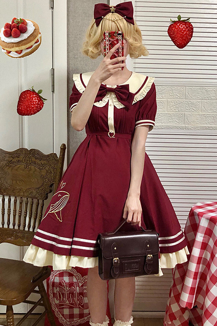 One-Piece Lolita Dress - Little Sea Whale Navy Sailor, 3 Colors, Bow Detail, Sweet Style - main product image