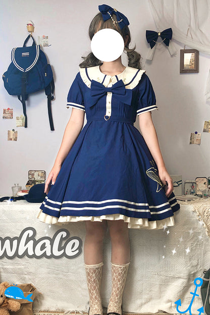 One-Piece Lolita Dress - Little Sea Whale Navy Sailor, 3 Colors, Bow Detail, Sweet Style - S Dark Blue / M Dark Blue / L Dark Blue option