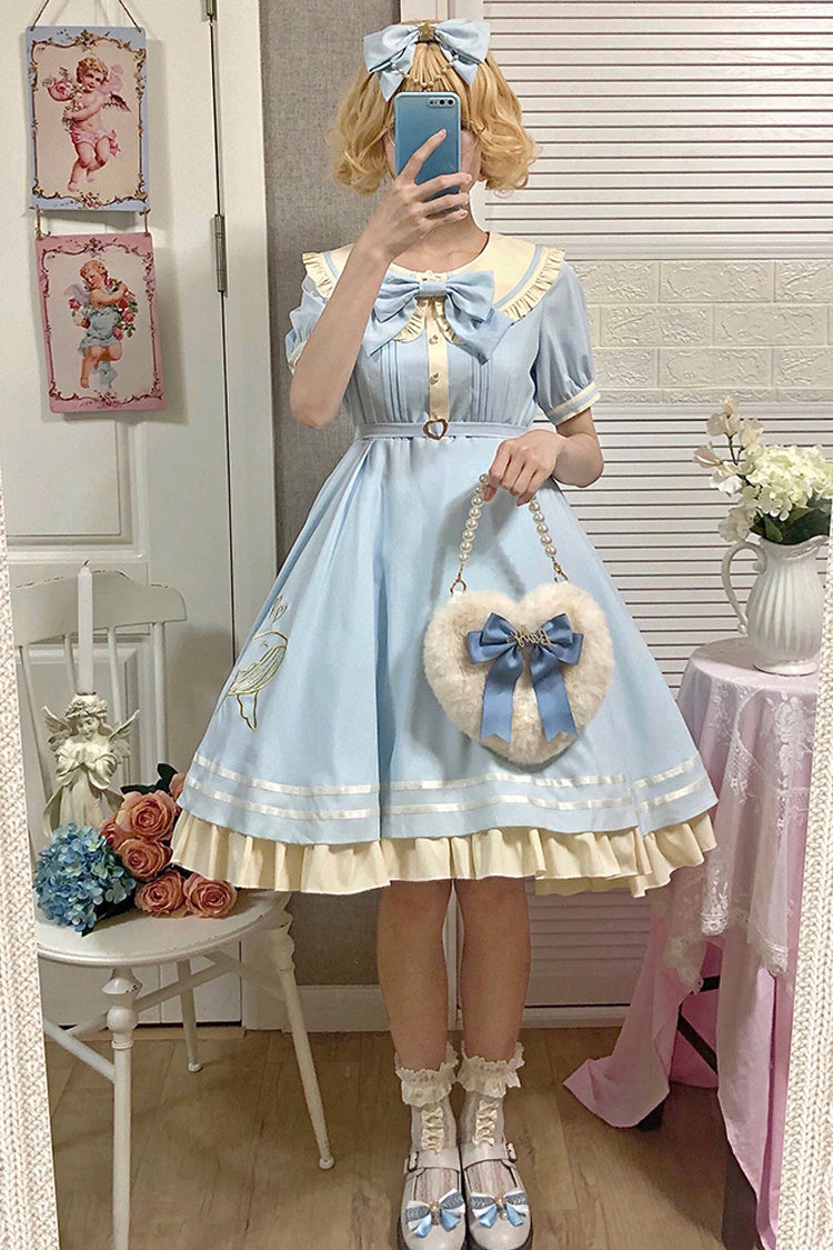 One-Piece Lolita Dress - Little Sea Whale Navy Sailor, 3 Colors, Bow Detail, Sweet Style - S Light Blue / M Light Blue / L Light Blue option