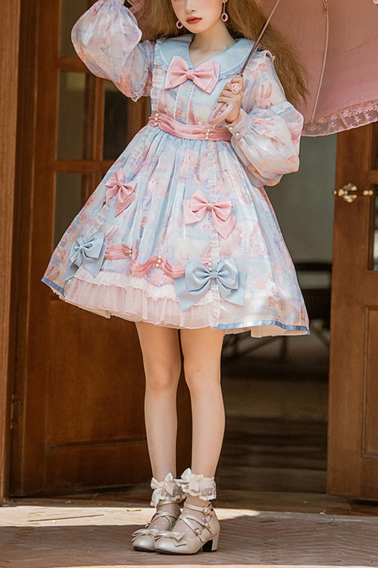 One-Piece Lolita Dress - Pink/blue Doll Collar, 2 Colors, High Waist, Sweet Style, Printed - main product image