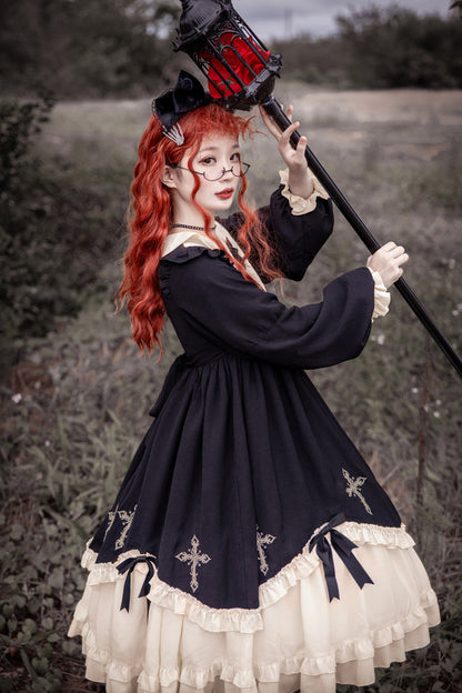 One-Piece Lolita Dress - Retro Doll Collar Chest, 2 Colors, Gothic Style, Bow Detail - additional product view 3