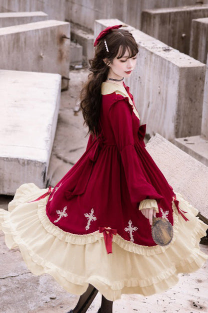 One-Piece Lolita Dress - Retro Doll Collar Chest, 2 Colors, Gothic Style, Bow Detail - additional product view 5