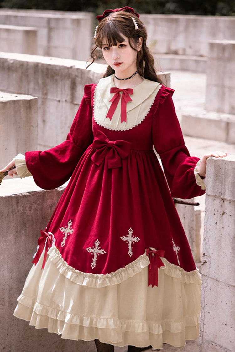 One-Piece Lolita Dress - Retro Doll Collar Chest, 2 Colors, Gothic Style, Bow Detail - S Red / M Red / L Red option