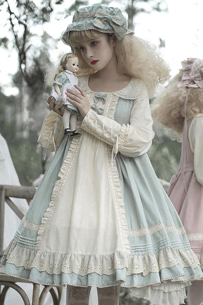One-Piece Lolita Dress - Retro Doll Collar Sleeved, 2 Colors, Ruffled, Sweet Style - S Blue / M Blue / L Blue option