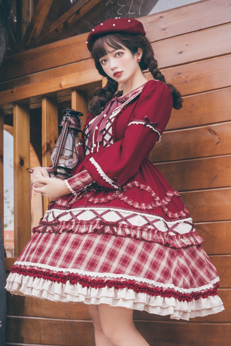 One-Piece Lolita Dress - Retro Lantern Plaid Stitching, Red, Plaid, Bow Detail, Ruffled - additional product view 2