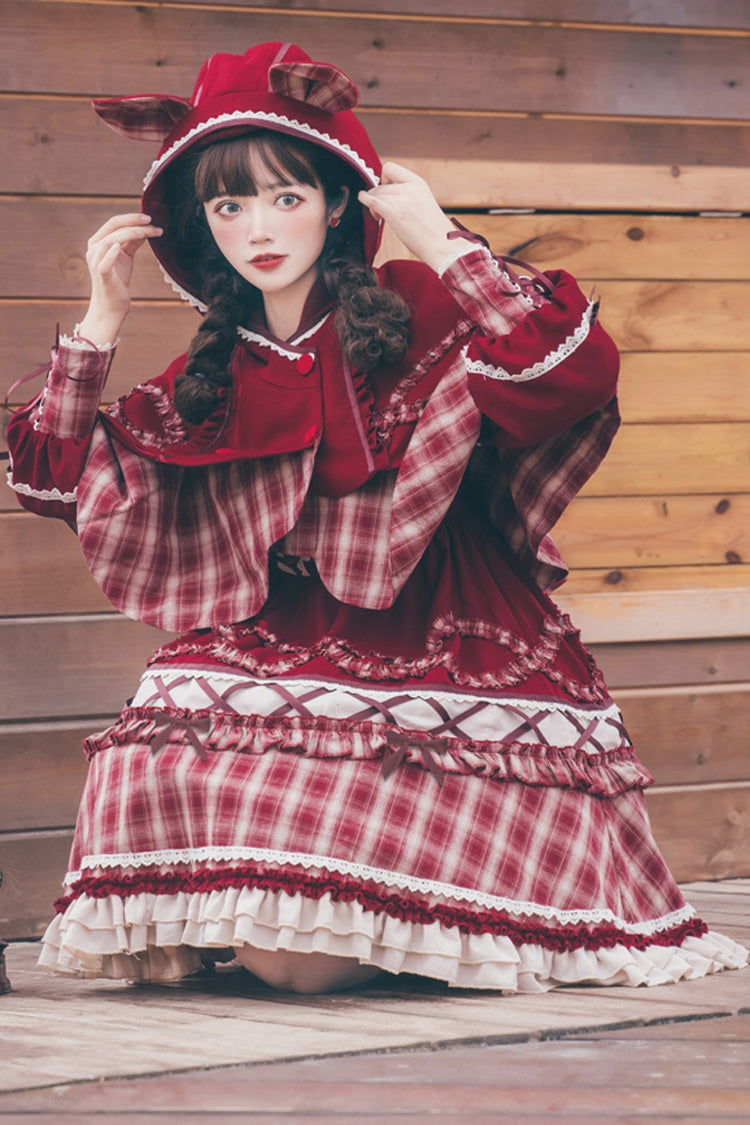 One-Piece Lolita Dress - Retro Lantern Plaid Stitching, Red, Plaid, Bow Detail, Ruffled - additional product view 3