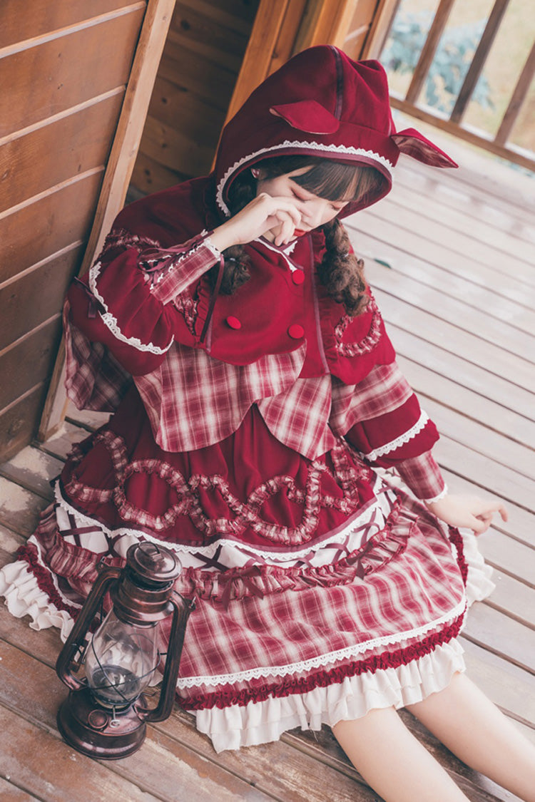 One-Piece Lolita Dress - Retro Lantern Plaid Stitching, Red, Plaid, Bow Detail, Ruffled - additional product view 4