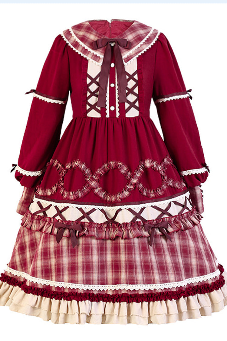 One-Piece Lolita Dress - Retro Lantern Plaid Stitching, Red, Plaid, Bow Detail, Ruffled - additional product view 5