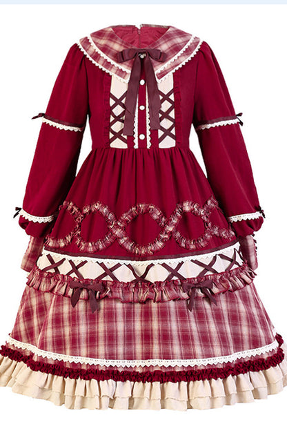One-Piece Lolita Dress - Retro Lantern Plaid Stitching, Red, Plaid, Bow Detail, Ruffled - additional product view 5