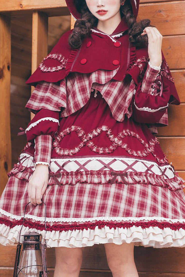 One-Piece Lolita Dress - Retro Lantern Plaid Stitching, Red, Plaid, Bow Detail, Ruffled - main product image