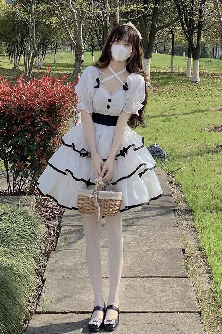 One-Piece Lolita Dress - Rose Contrast Color Large Swing, 3 Colors, Layered, Gothic Style - S White / M White / L White option