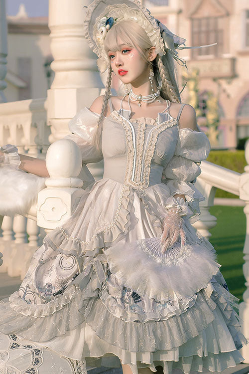 One-Piece Lolita Dress - Rose Maiden Hanayome Multi-layer, White, Ruffled, Classic Style - additional product view 3