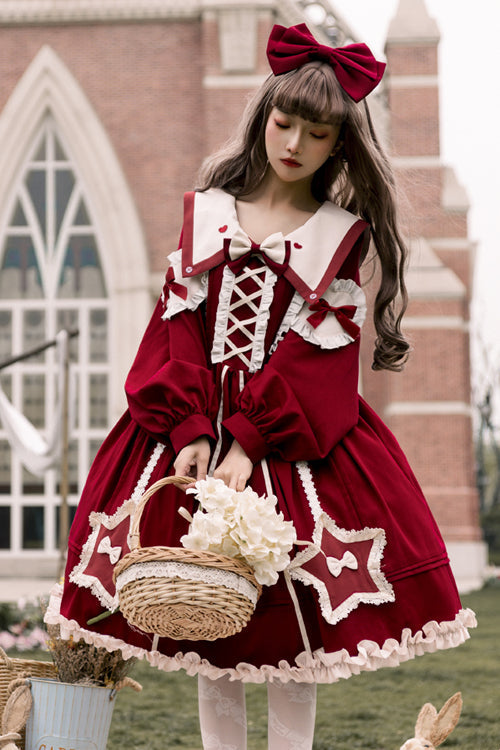 One-Piece Lolita Dress - Round Collar Chiffon, 2 Colors, High Waist, Sweet Style, Ruffled - additional product view 2