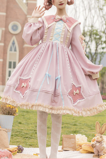 One-Piece Lolita Dress - Round Collar Chiffon, 2 Colors, High Waist, Sweet Style, Ruffled - main product image