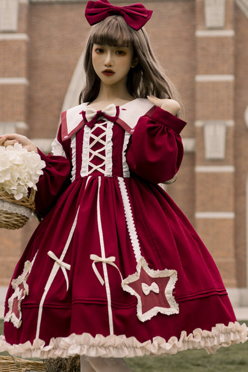One-Piece Lolita Dress - Round Collar Chiffon, 2 Colors, High Waist, Sweet Style, Ruffled - S Red / M Red / L Red option