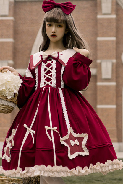 One-Piece Lolita Dress - Round Collar Chiffon, 2 Colors, High Waist, Sweet Style, Ruffled - S Red / M Red / L Red option