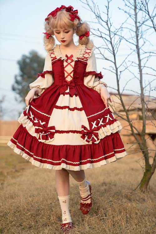 One-Piece Lolita Dress - Square Neck, 2 Colors, Ruffled, Long Sleeves, Sweet Style - additional product view 2