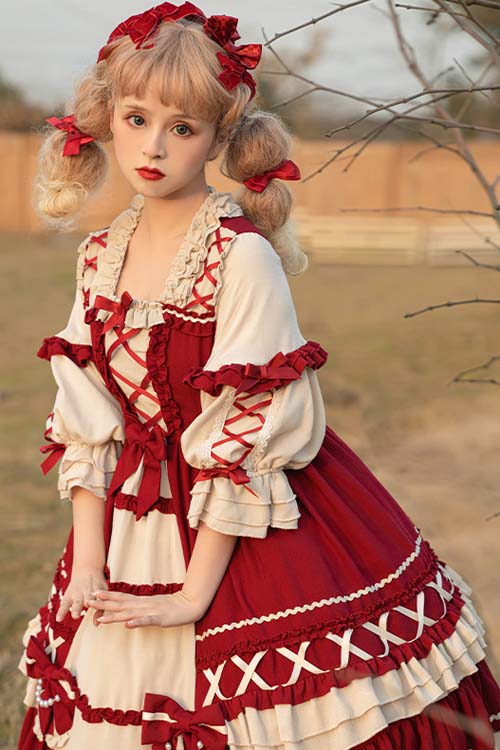 One-Piece Lolita Dress - Square Neck, 2 Colors, Ruffled, Long Sleeves, Sweet Style - additional product view 3