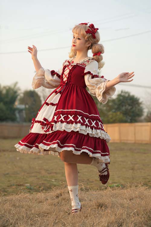 One-Piece Lolita Dress - Square Neck, 2 Colors, Ruffled, Long Sleeves, Sweet Style - additional product view 4