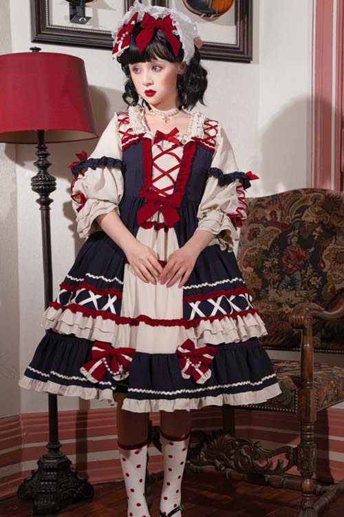 One-Piece Lolita Dress - Square Neck, 2 Colors, Ruffled, Long Sleeves, Sweet Style - additional product view 6