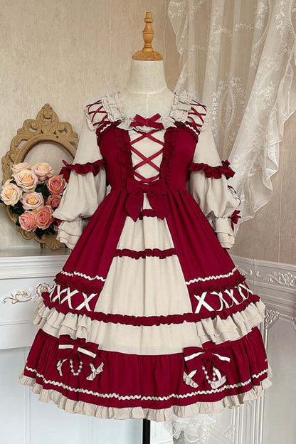 One-Piece Lolita Dress - Square Neck, 2 Colors, Ruffled, Long Sleeves, Sweet Style - main product image
