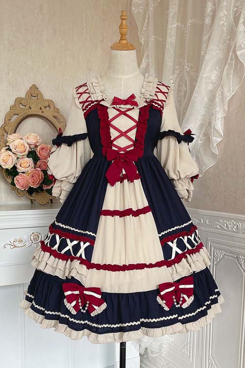One-Piece Lolita Dress - Square Neck, 2 Colors, Ruffled, Long Sleeves, Sweet Style - S Navy Blue / M Navy Blue / L Navy Blue option