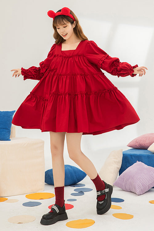 One-Piece Lolita Dress - Square Neck, Red, High Waist, Sweet Style, Ruffled - additional product view 2