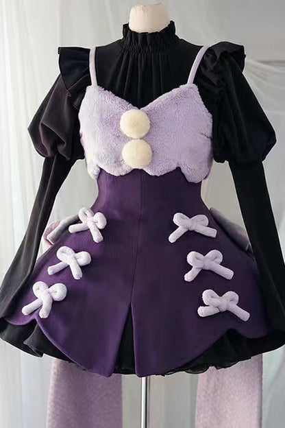 One-Piece Lolita Dress - Stand Up Collar, 4 Colors, High Waist, Long Sleeves, Sweet Style - XS Purple / S Purple / M Purple option