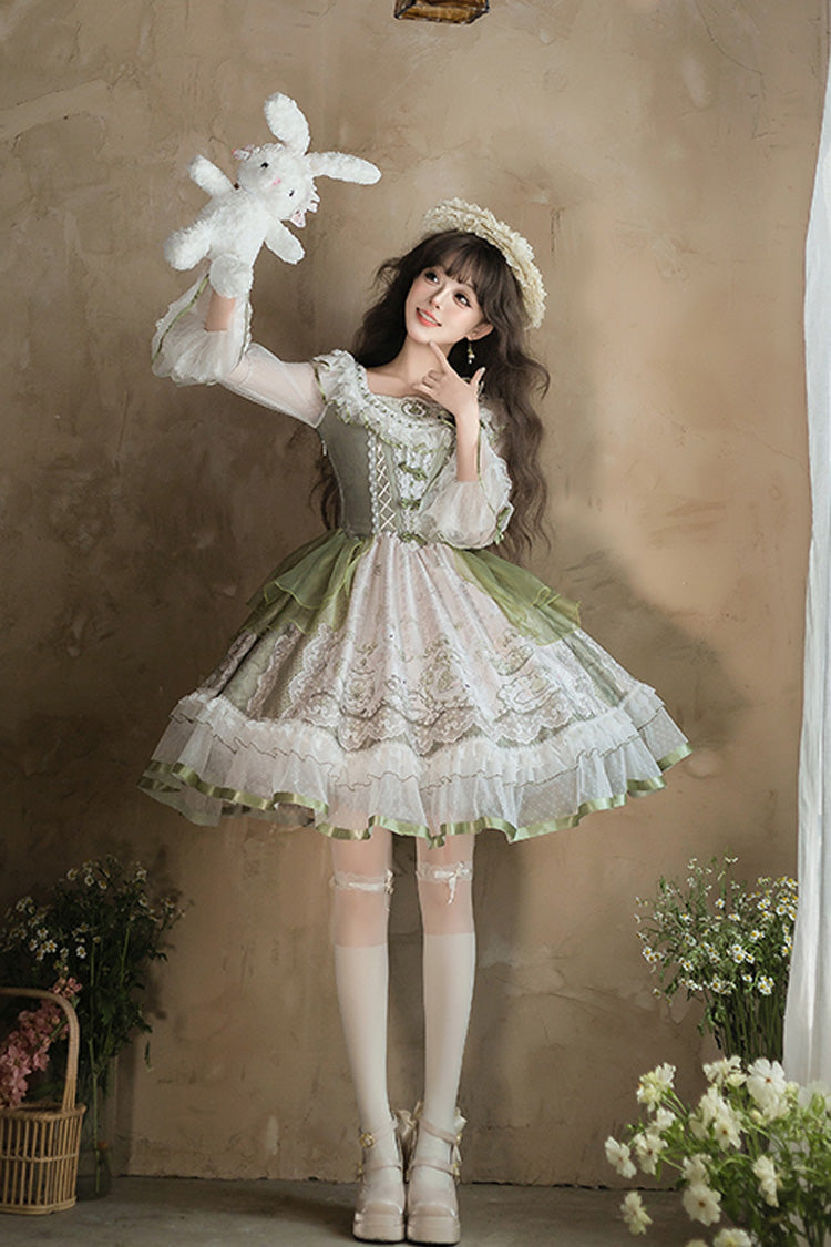One-Piece Lolita Dress - Teacup Rabbit Little Fresh, Green, Bow Detail, Lace Trim, Ruffled - additional product view 2