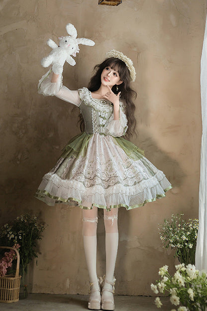 One-Piece Lolita Dress - Teacup Rabbit Little Fresh, Green, Bow Detail, Lace Trim, Ruffled - additional product view 2