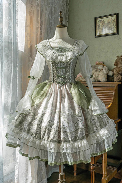 One-Piece Lolita Dress - Teacup Rabbit Little Fresh, Green, Bow Detail, Lace Trim, Ruffled - additional product view 3