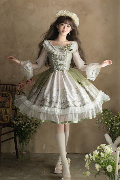 One-Piece Lolita Dress - Teacup Rabbit Little Fresh, Green, Bow Detail, Lace Trim, Ruffled - additional product view 4