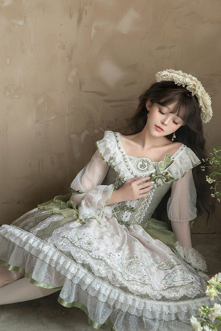 One-Piece Lolita Dress - Teacup Rabbit Little Fresh, Green, Bow Detail, Lace Trim, Ruffled - additional product view 5