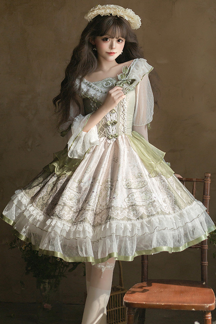 One-Piece Lolita Dress - Teacup Rabbit Little Fresh, Green, Bow Detail, Lace Trim, Ruffled - additional product view 6