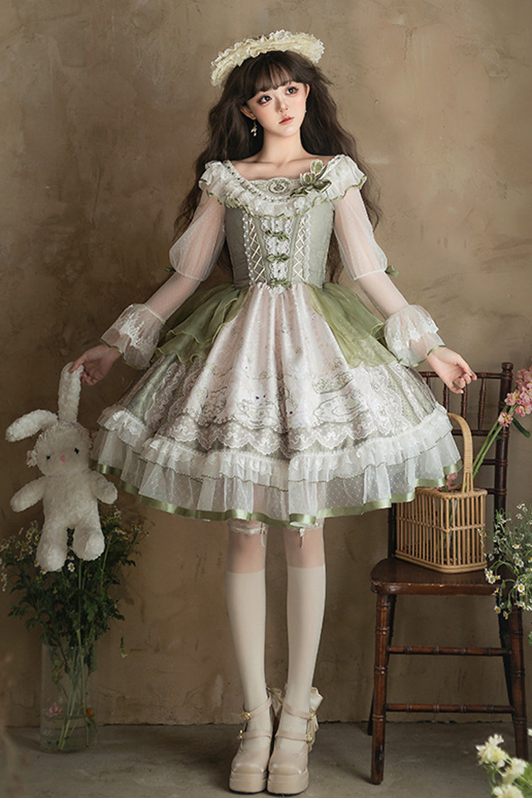 One-Piece Lolita Dress - Teacup Rabbit Little Fresh, Green, Bow Detail, Lace Trim, Ruffled - additional product view 7