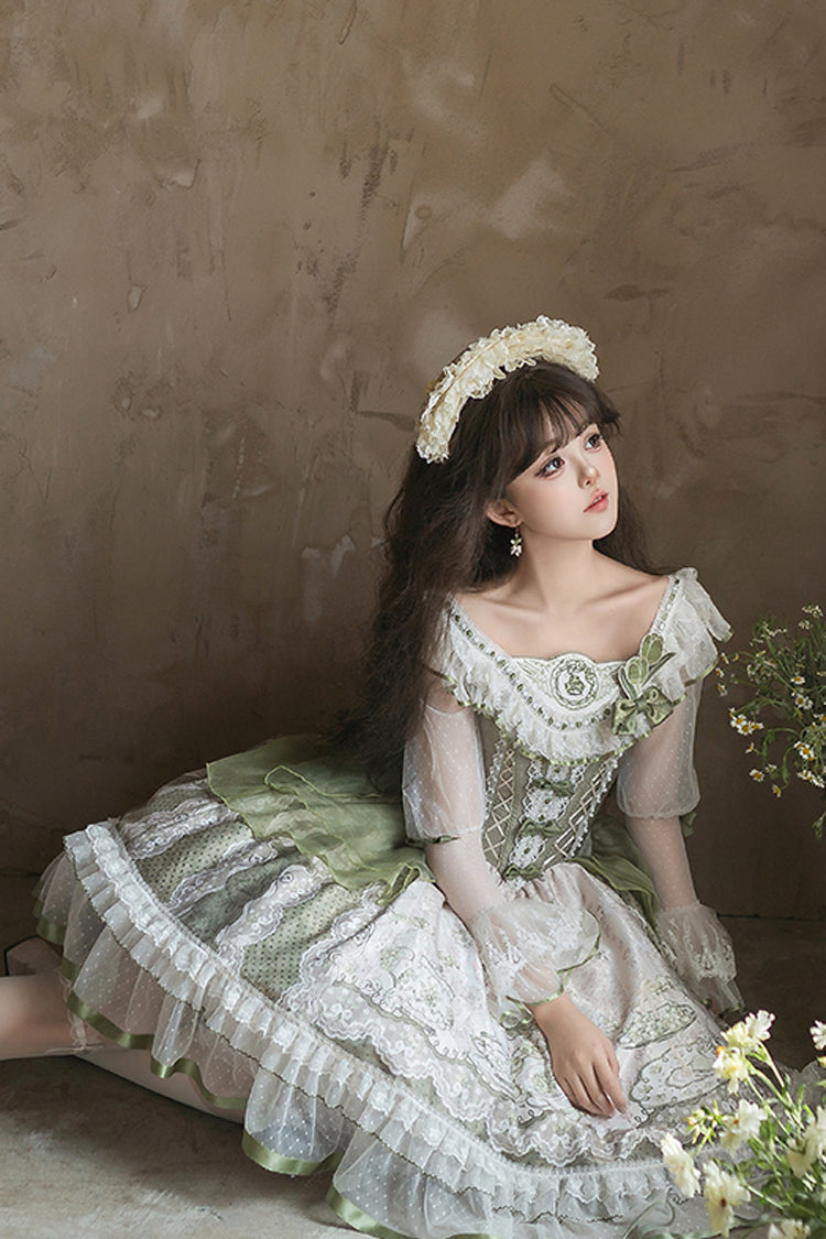 One-Piece Lolita Dress - Teacup Rabbit Little Fresh, Green, Bow Detail, Lace Trim, Ruffled - additional product view 8