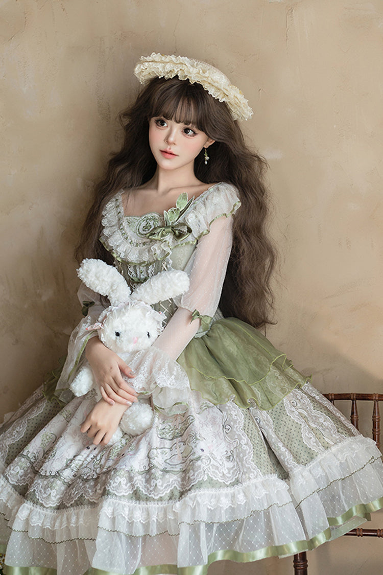 One-Piece Lolita Dress - Teacup Rabbit Little Fresh, Green, Bow Detail, Lace Trim, Ruffled - additional product view 9