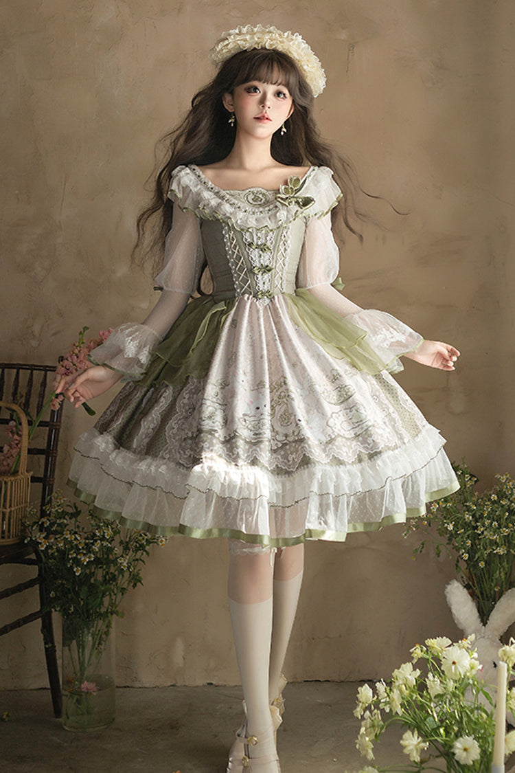 One-Piece Lolita Dress - Teacup Rabbit Little Fresh, Green, Bow Detail, Lace Trim, Ruffled - additional product view 10
