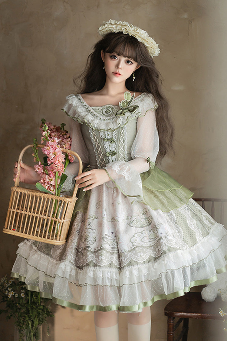 One-Piece Lolita Dress - Teacup Rabbit Little Fresh, Green, Bow Detail, Lace Trim, Ruffled - main product image