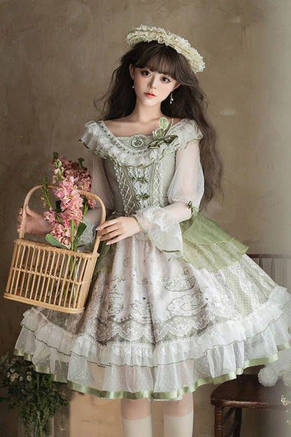 One-Piece Lolita Dress - Teacup Rabbit Little Fresh, Green, Bow Detail, Lace Trim, Ruffled - main product image
