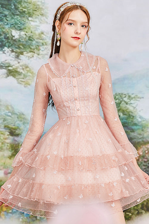 One-Piece Lolita Dress - Vintage French Doll Collar, Pink, Long Sleeves, Sweet Style - additional product view 2