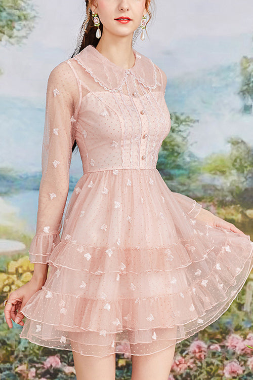 One-Piece Lolita Dress - Vintage French Doll Collar, Pink, Long Sleeves, Sweet Style - main product image