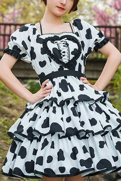 One-Piece Lolita Dress - White/black Halter Neck Puff, 2 Colors, Puff Sleeves, Sweet Style - main product image