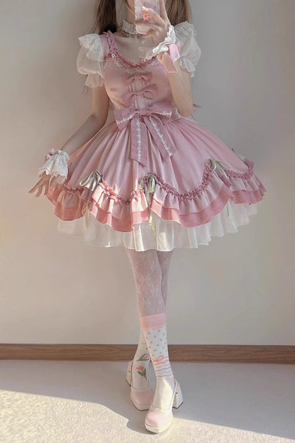 One-Piece Lolita Dress - White/pink, 2 Colors, Bow Detail, Ruffled, Sweet Style - additional product view 2