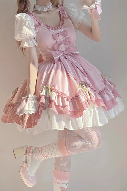 One-Piece Lolita Dress - White/pink, 2 Colors, Bow Detail, Ruffled, Sweet Style - additional product view 3