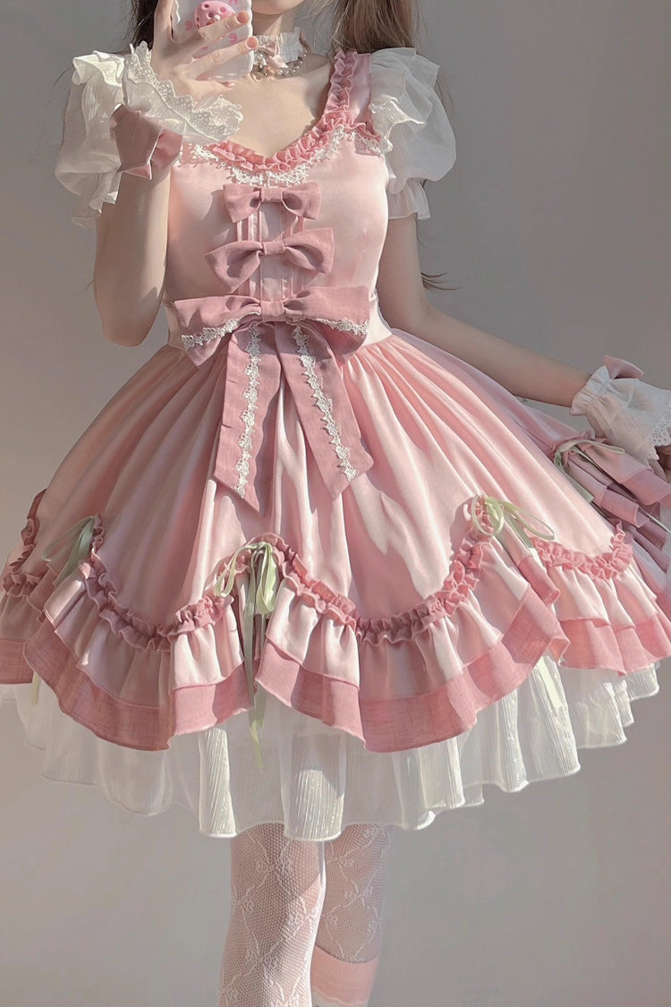 One-Piece Lolita Dress - White/pink, 2 Colors, Bow Detail, Ruffled, Sweet Style - additional product view 4