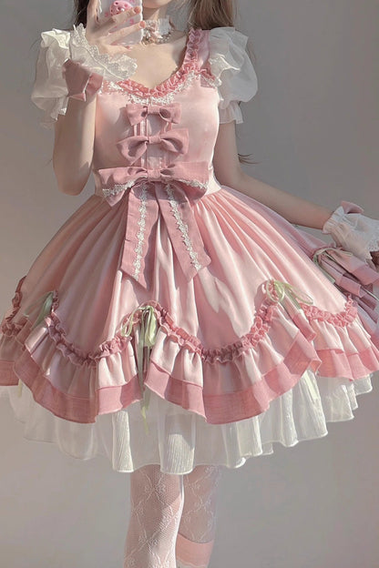 One-Piece Lolita Dress - White/pink, 2 Colors, Bow Detail, Ruffled, Sweet Style - additional product view 4